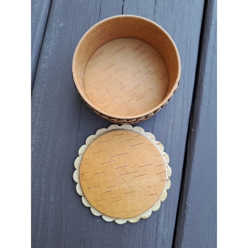 Russian Decorative Birch Bark Trinket Box Round‎ Small 3.0 Inches